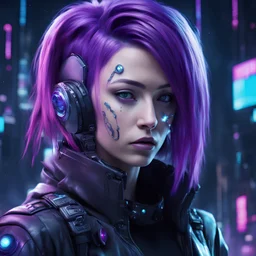 Cyberpunk purple hair woman outerspace in background hacker cybernetics