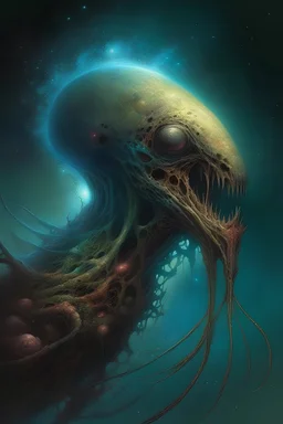 A alien hound, tentacles for mouth,,emerging from weird angle,otherworldly anatomy,glowing with alien energy,in the style of Zvidslav Beksinski