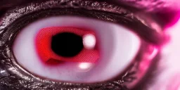 Extreme close-up of two eyes, a human eye and a gleaming metallic pink to metallic red robotic eye of a cyborg assassin, soulless, cyberpunk technopunk, AbstractTech, rectangular, style of The Terminator