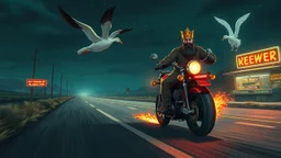 The kebab man driving fast on his holy motorcycle, fire from the exhaust, holy widescreen picture, holy empty road on the holy country at night, comic style, no helmet and he have a long holy black beard, neon kebab signs along the road, jesus stand at his market stand selling holy kebabs, simon stålenhag style, flying goose kebab