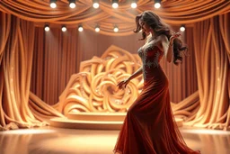 modern stage with dark-brown cream theme artistic decoration , color full dynamic lighting, a beautiful lady in maxi dress with shining silver jewels ,curvy long hair,dancing, 3D recursive fractal structure animating background