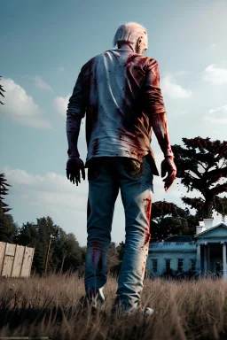 Ultra realistic image, joe biden zombie, zombie performance, blood, torn arm, night, walking twisted, waist up view, walking dead style, dark ambient, highly detailed, White House background, concept art, unreal engine 5, god rays, ray tracing, RTX, lumen lighting, ultra detail, volumetric lighting, 3d, finely drawn, high definition, high resolution.