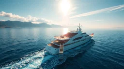 Please create a vivid and detailed scene depicting a luxurious ship sailing on the open sea, with stunning mountains visible in the distance. On the deck of the ship, there should be a professional diving board Please structure the output in a na