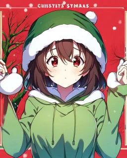 Girl with short brown hair, red eyes, green sweatshirt with a horizontal yellow stripe, he is wearing a Christmas hat, and in the background there are trees in the cold winter with lots of snow, Anime Hq style