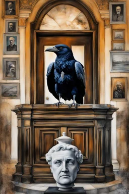 laughing maniacally - 24x36 inch movie poster - "The End of Life" - double exposure - Oil paint, water paint, acrylic paint, statuesque, clay molding, wood burning, pencil and ink - in the art style of every artist that has ever lived - The Raven sat perched upon a bust of Pallas just above my chamber door