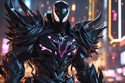 Venom Shredder machine in 8k solo leveling shadow artstyle, sombra them, close picture, rain, Shredder helmet, neon lights, intricate details, highly detailed, high details, detailed portrait, masterpiece,ultra detailed, ultra quality