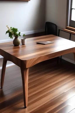 Een langwerpige houten tafel met 3 poten