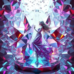 very complex structure ,pretty viberating color environment 3d metalic and crystal recursive animating beveled geometric base very complex structure emiting mirror bubbles that broke, goddess of love in a pretty cleric dress comes out dancing gracefully , viberating color moving very in modern city escape environment while camera tracking it.