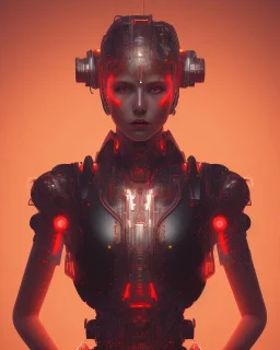 A beautiful portrait of a cyborg women red color scheme, high key lighting, volumetric light high details psychedelic background