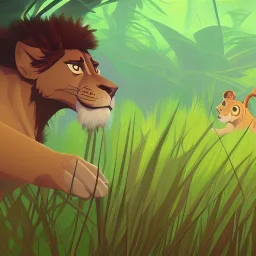 picture for children's book showing a cute lion behind tall grass in the jungle