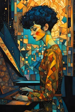 create an abstract cubist, highly ethereal, darkly magical illustration of a deeply sorrowful, girl with short cropped hair, at her piano in a smokey nightclub, with highly detailed and deeply cut facial features, in the style of GUSTAV KLIMT, PABLO PICASSO, combined with the comic art style of BILL SIENKIEWICZ and JEAN GIRAUD MOEBIUS, searing lines and forceful strokes, precisely drawn, boldly inked, and darkly colored