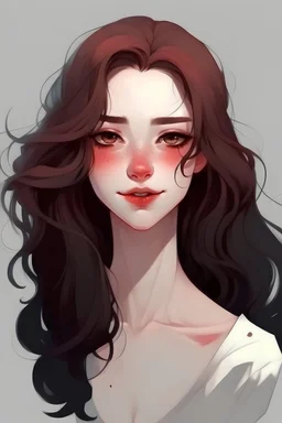 A girl with sharp, beautiful features. Her skin is pale white. Her eyes red. Her body is slim and long. Her hair is black and wavy.she is has a bad smile