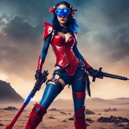 [she cuts the bloody flesh on the battlefield] Sexy_thin_nude blue female alien warrior with goggles red boots and corset with ray guns