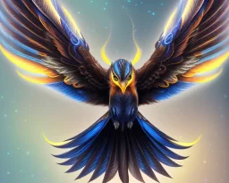 a detailed illustration of a black and blue phoenix sitting on a branch of a tree, phoenix bird wallpaper, luminescent body, glinting wings, full body, symmetrical body, realistic, glowing wings, sharp focus, meticulously detailed, soft evening sky, 64k