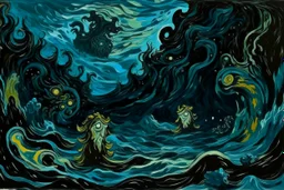 A black underwater abyss with shadow monsters painted by Vincent van Gogh