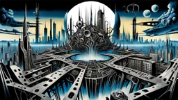 a stunningly weird image of a futuristic metropolis using Salvador Dali's paranoiac-critical method, where buildings and structures appear to melt into the skyline cityscape is filled with floating mad, twisted sharp metal shapes that interact with the buildings and each other, forming a surreal tableau of a dreamlike reality. neu-steampunk vibe, essence of the scene in a cinematic manner, with dramatic shadows that enhance the distorted perspectives and bizarre
