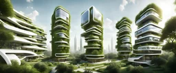 Futuristic buildings, autonomous ecologies, solar panels, lots of greenery, self sustaining architecture, tower