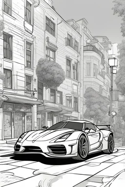 coloring page, car Koenigsegg alternative parked on the street, cartoon style, thick lines, few details, no shadows, no colors