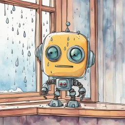 Cute little Robot who is angry, frowny face on LED display, looking out of bay window at downpour, splash art, by Sean Tan, by Kay Nielson, digital watercolor, impressionism, whimsical, cute, warm colors, artsy lines.