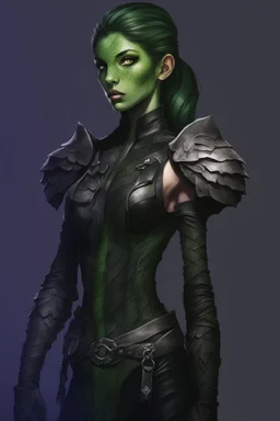 female snake humanoid, green scales, wearing a black leather armor, dungeons and dragons