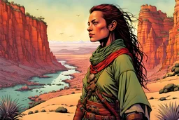 create a full body portrait of a fair skinned female nomadic tribal mercenary with highly detailed, delicate feminine facial features, inhabiting an ethereal tropical canyon land in the comic book style of Jean Giraud Moebius, David Hoskins, and Enki Bilal, precisely drawn, boldly inked, with vibrant colors