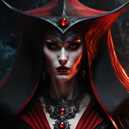 An evil, Nosferatu sorceress, in black and red shark skin robes. a masterpiece, 8k resolution, dark fantasy concept art, by Greg Rutkowski, dynamic lighting, hyperdetailed, intricately detailed, Splash screen art, trending on Artstation, deep color, Unreal Engine, volumetric lighting, Alphonse Mucha, Jordan Grimmer, blood red and green complementary colors.