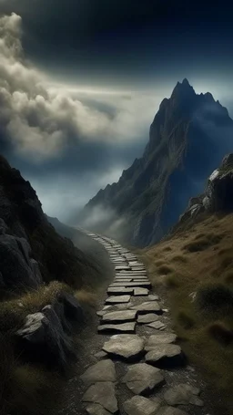 narrow stone path above the ground gradually getting higher into the clouds no railings, dangerous drop people in black leathers medievil period weather is wet spiraling into the clouds fantasy, a valley in mountains a hint beast with one eye showing in the background