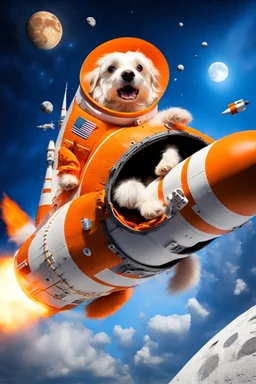 white and orange dog flies to the moon on top of the a rocket