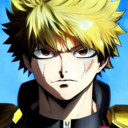 Detailed anime portrait of bakugo from my hero academia, gold hair and golden eyes, black suit, intricate details, full body portrait, keep head in frame, slight smile, black Japanese motif, concept art, highly detailed, digital painting, concept art, sharp focus, illustration, art by Yoji Shinkawa, WLOP and greg rutkowski and alphonse mucha and artgerm and yanjun Chen and Junji ito and Makoto Shinkai, HDR, octane render