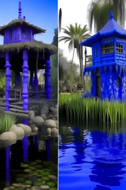 A blue violet swamp in Spain designed in Hawaiian tikis painted by Leonardo da Vinci