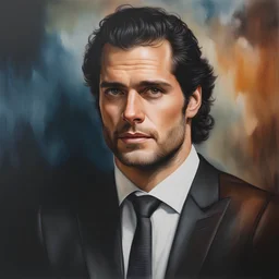 Henry Cavill Facial Portrait, dark, multicolored watercolor stained wall in the background, oil painting in the art style of Boris Vallejo, 32k UHD, Hyper realistic, photorealistic, realistic, sharp, highly detailed, professional quality, beautiful, awesome, majestic, superb, trending on artstation