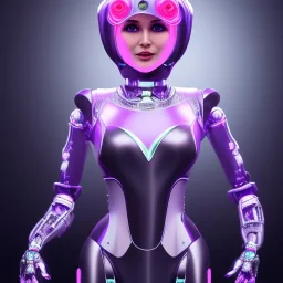 Cute hijab woman in a robotic suit,purple and pink backlight, profile