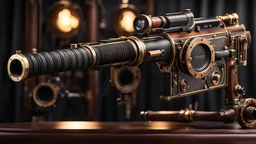 High-end state-of-the-art STEAMPUNK aesthetics flawless Uzi submachine gun DSLR Telephoto Submachine gun Camera,front view Highest quality telescopic Zeiss Zoom lens, supreme cinematic-quality photography,waltnut wood handle,Art Nouveau,Vintage style Octane Render 3D technology,hyperrealism photography,(UHD) high-quality cinematic render,Insanely detailed close-ups capturing beautiful complexity,Hyperdetailed,Intricate,8K,