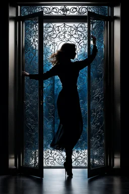 front of is the glass door, a dark silhouette of a dancing woman behind the glass door , front of it is the glass door, high quality, highly detailed, stunning, high realistic picture, impressive, sharp focus, perfect body, perfect shot, professional photo