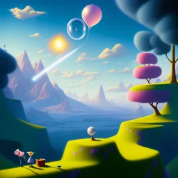 The mouse and the executioner discussing the future of the universe on bubble world, art by Pixar and Magritte