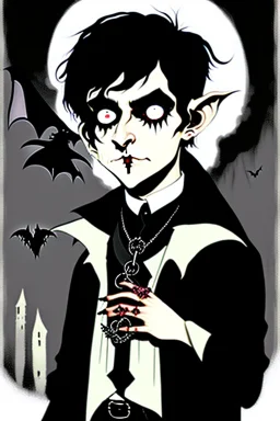 black haired black eyed young man necromancer goth hobbit with gothic jewelry and pet black bat in the style of Charles Addams