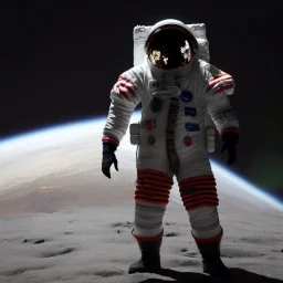 an astronaut in moon, full body, highly detailed, kente, black puffer jacket, 3d render