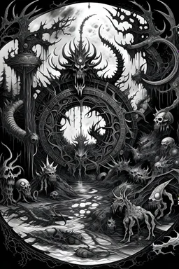 chaos portal with demons based on liber azerate on black and white black metal