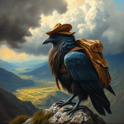 oil painting in titian style, air is charged with magic around huge storm proud pigeon crow bird carrying backpack, wearing hunters hat, with wings and beard and hair is full of feathers above holy valley, seen from above