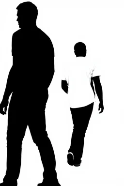 black silhouette of two adult men, one tall and muscular, walking away from the camera on solid white background