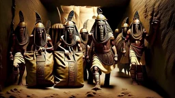 Pharaoh soldiers emerge from inside leather bags