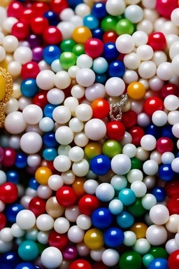 close-up high res photo by russ meyer: a wrist surrounded and saturated by pearl necklaces, the hundreds of pearls in all their colors shaped like dice or skulls. It's the symbol of chance intertwined with destiny.