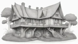 A front elevation fine line drawing of a fantasy wooden house reminiscent of the Burrow from Harry Potter