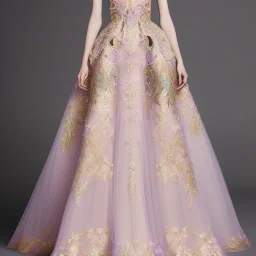 stunning couture gown designed by Marchesa inspired by fairytales, realistic soft pastel colors, detailed, high quality, intricate, dreamlike background,