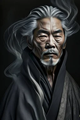 a photo of an Asian man with ethnic jewelry, grey hair and grey flowing robe, in style of Annie Leibovitz, contemporary portrait of a mature yet beautiful and modernist man, black and grey, detailed masculine face, swirling fluid smokey enigma, award-winning artwork