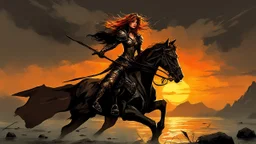 A formidable warrior girl in black armor, on the background Amazing gloomy landscape, flooded with sunset, mountains, trees, fabulous scary hero, , juicy emotions, painting, dark fantasy, gloomy day, dark world, portrait, by Leonid Afremov & Benedick Bana & Anna Razumovskaya & Brian Kesinger