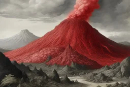 A grayish red pyroclastic volcano painted by Qiu Ying
