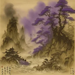 A purple Japanese empire with a toxic river and noxious smoke painted by Guo Xi