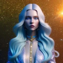 white woman glitter long blond hair blue eyes in a galactic ambiance, delicate colors in the foreground, full of details, smooth, light effect，vaporwave colorful, smooth, extremely sharp detail, finely tuned detail, ultra high definition, 8 k, unreal engine 5, ultra sharp focus