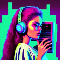 synthwave style girl listening to music on a walkman in her bedroom in the 80s